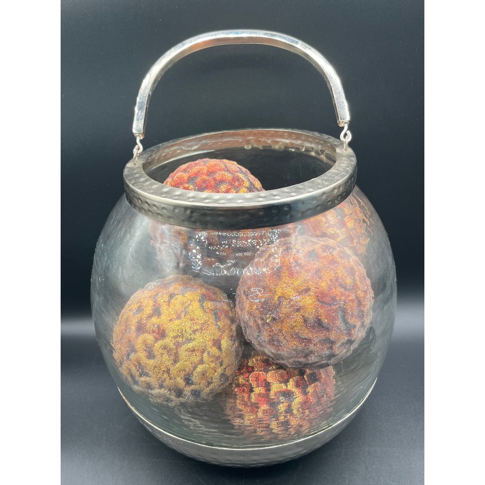 Hammered Glass and Metal Trim Hurricane Decorative Peacock Feather Orbs 10"x10"